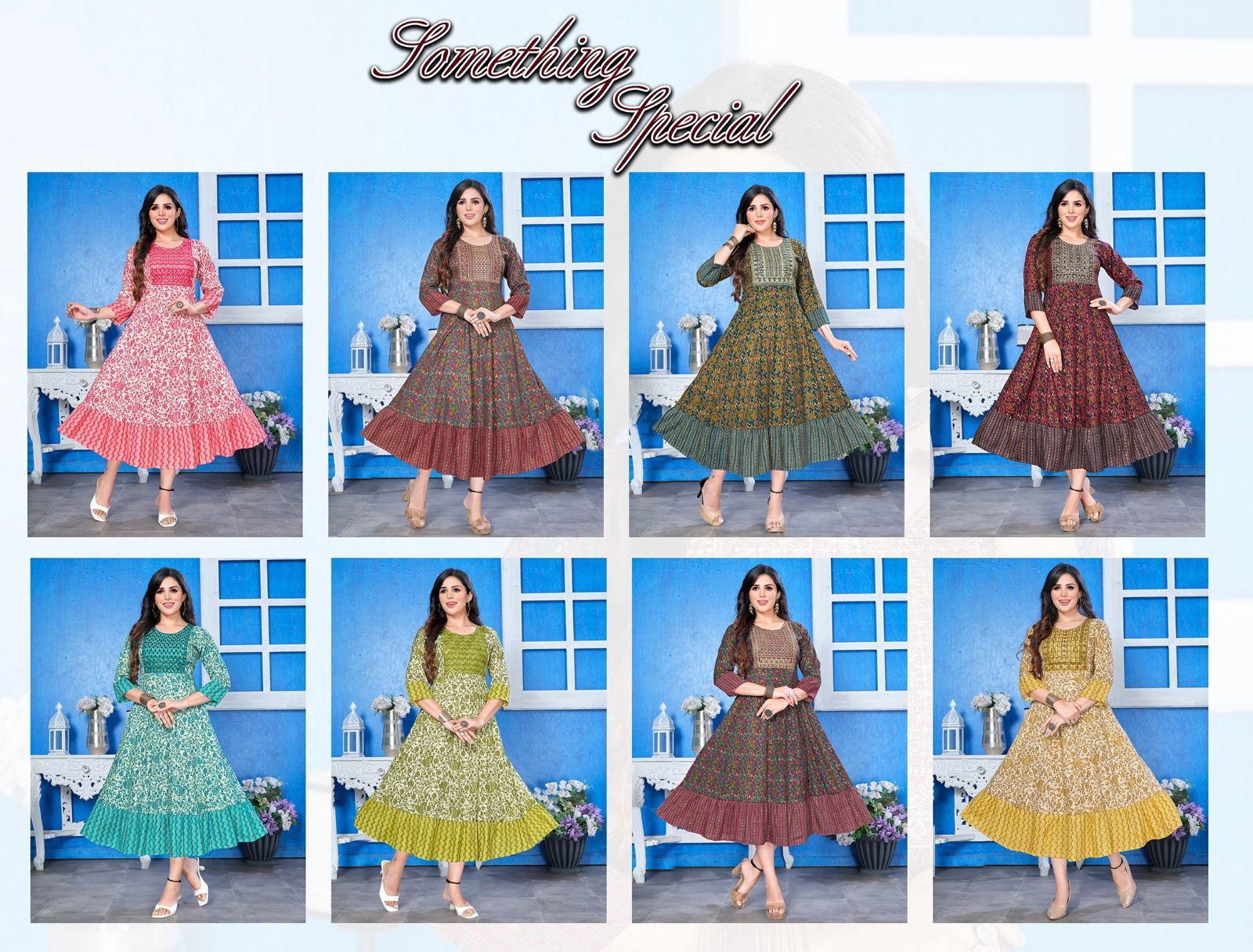 Something Special Golden Heavy Rayon Printed Long Kurtis Wholesale Market In Surat
